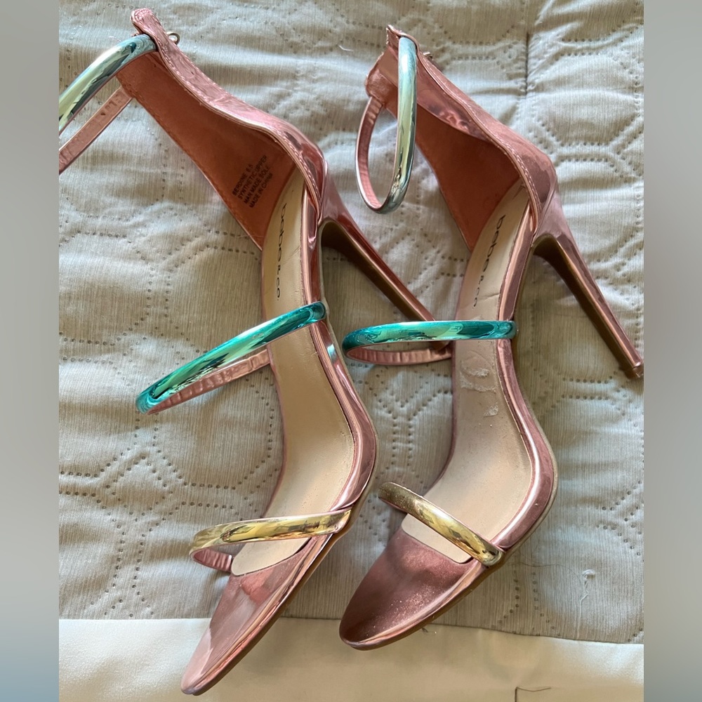 Bebe multicolor metallic strappy heels